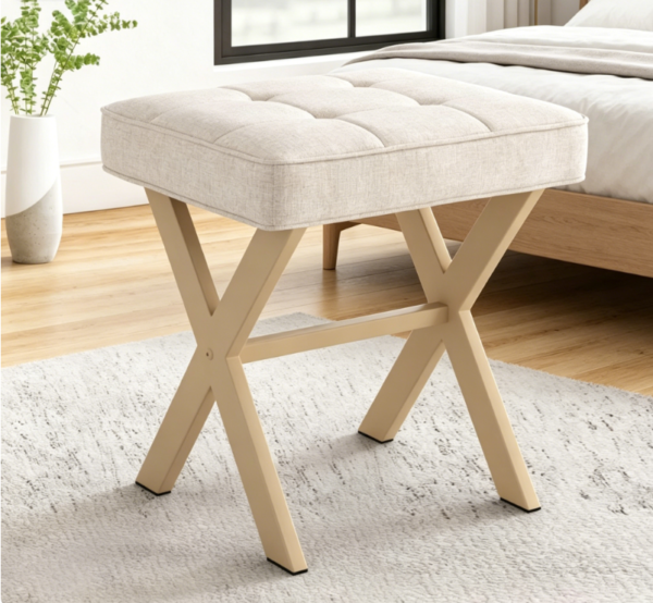 Linen vanity cube stool with metal X legs