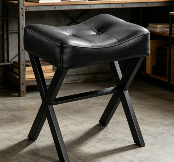 Leather vanity cube stool with metal X legs